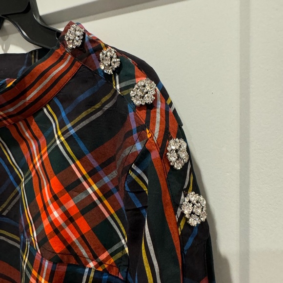 J. Crew Funnelneck shirt in Stewart tartan with jeweled buttons - Picture 2 of 7